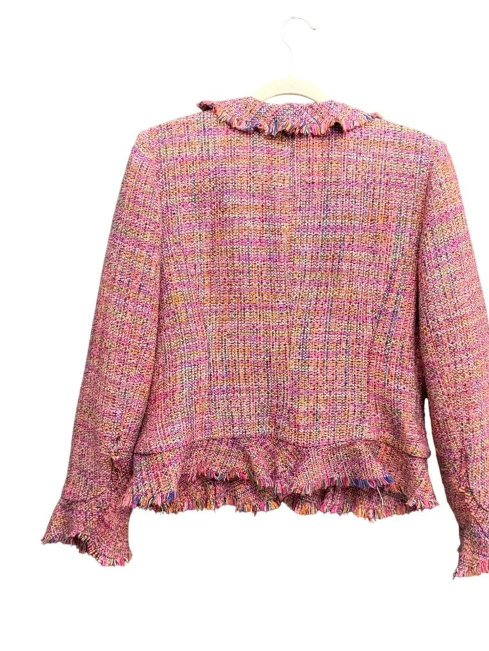 I C E Jacket Fringed Trim Ruffle Collar Tweed Women 12 Lined Pink Purple - Picture 9 of 14
